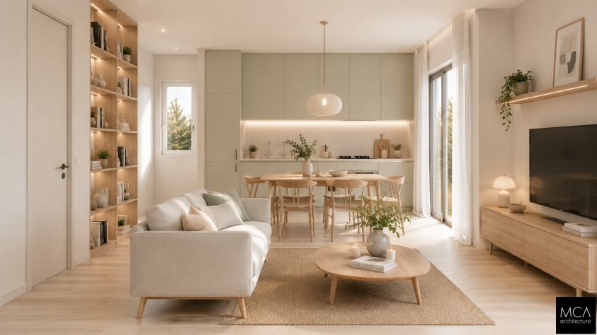 Séjour et cuisine ouverte — projet Via dei Pini, MCA Architecture Rendu 3D d'un séjour ouvert sur cuisine, style scandinave épuré, avec canapé beige, table à manger en bois, cuisine vert sauge et grande baie vitrée apportant une lumière naturelle abondante.