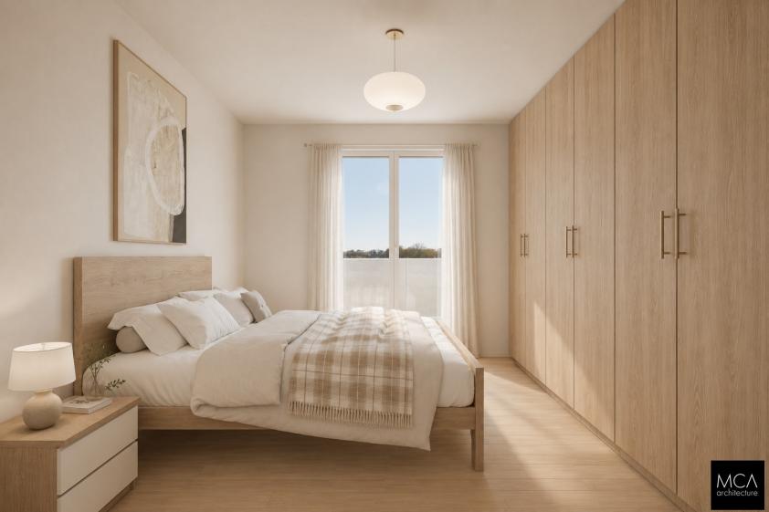 Chambre parentale avec dressing — projet Via dei Pini, MCA Architecture Rendu 3D d'une chambre parentale épurée aux tons bois clair, avec lit double, dressing intégré toute hauteur, chevet et baie vitrée donnant sur un paysage de campagne.