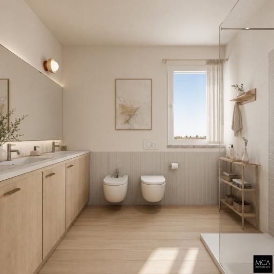 Salle de bain contemporaine — projet Via dei Pini, MCA Architecture Rendu 3D d'une salle de bain contemporaine aux tons bois clair et beige, avec double vasque, WC et bidet suspendus, douche à l'italienne vitrée et fenêtre ouvrant sur la nature.