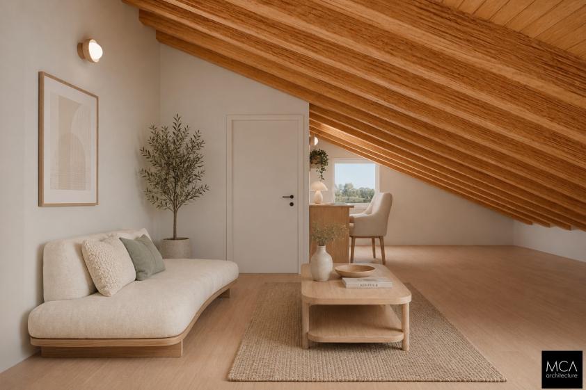 Espace sous combles aménagé — projet Via dei Pini, MCA Architecture Rendu 3D d'un espace de vie sous combles avec charpente bois apparente, banquette design claire, coin bureau et décoration naturelle aux tons beige et vert.