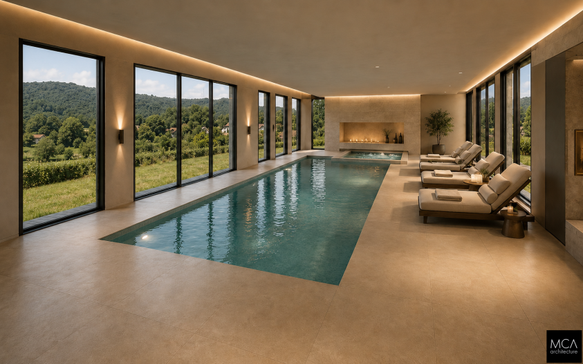 Piscine intérieure en longueur avec transats et baies vitrées donnant sur les collines — MCA Architecture