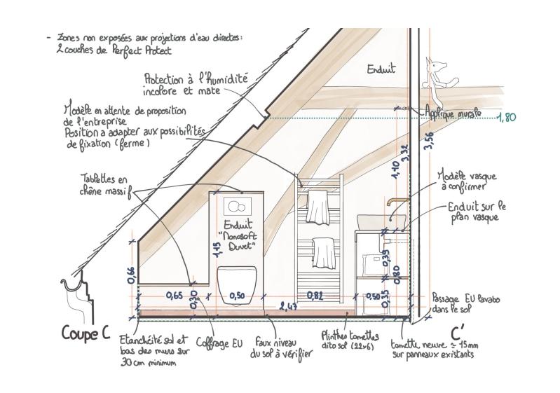 Coupe d’une salle de bain dessinée à la main sur notre tablette graphique !