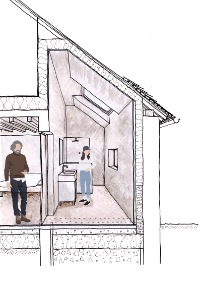 Coupe perspective salle de bain et chambre