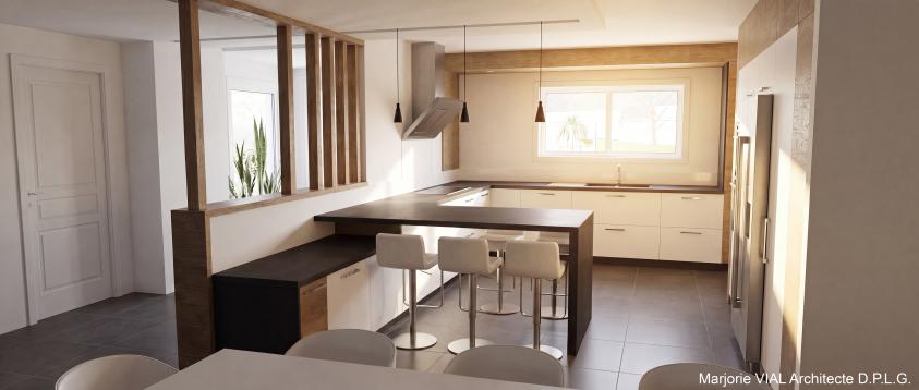 Grande cuisine contemporaine blanche, noire et bois