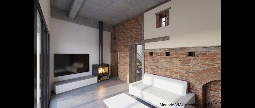 Vue du séjour Séjour aménagé dans le bâti existant