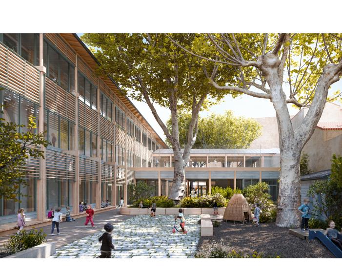 Vue de la cour maternelle et de l’extension
