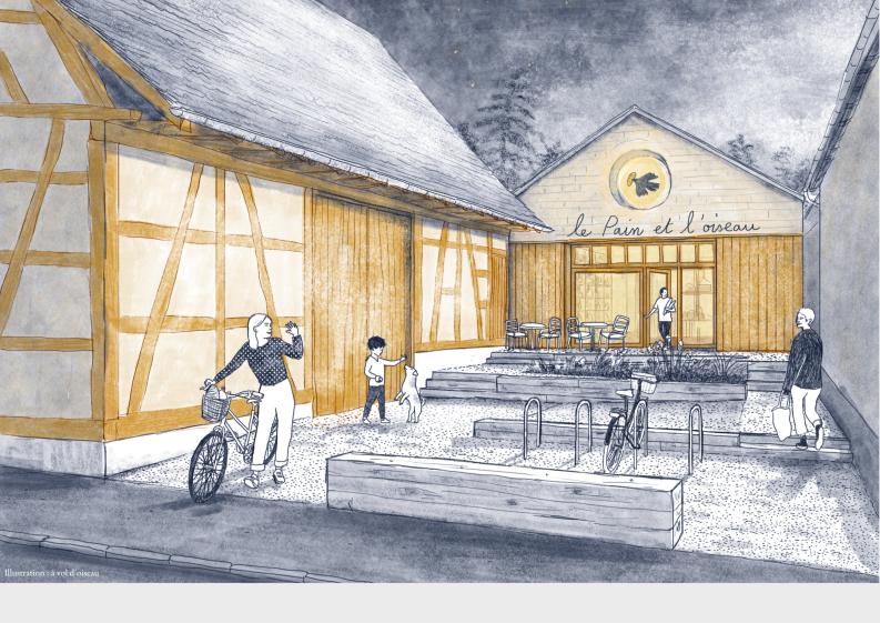 Vue sur façade d'entrée du fournil - illustration à vol d'oiseau