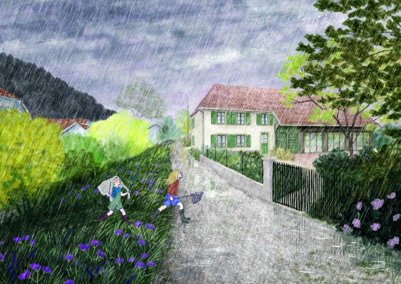 Perspective sur façade de maison après rénovation. Illustration A vol d'oiseau