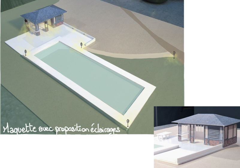 Maquette de la poolhouse, travail sur la disposition de la terrasse et des éclairages