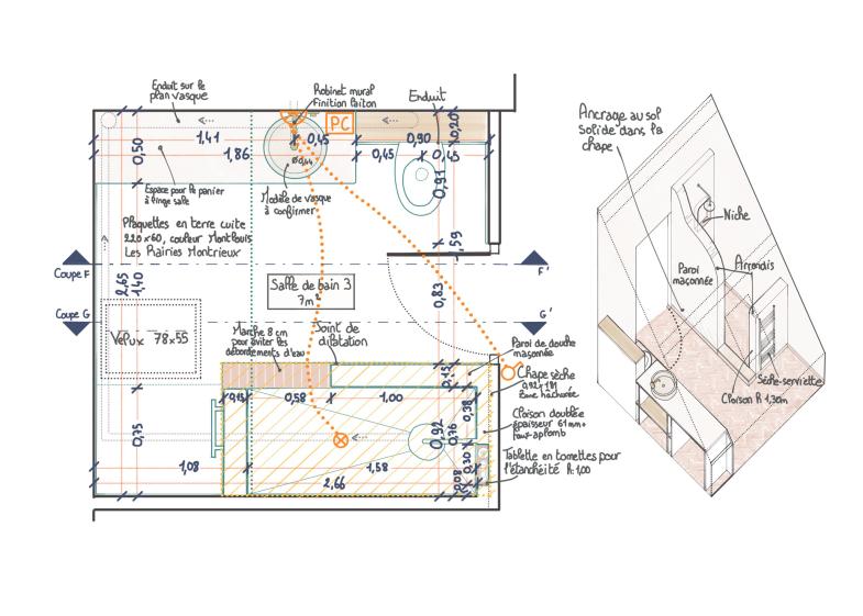 Coupe d’une salle de bain dessinée à la main sur notre tablette graphique !