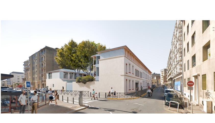 Vue de l’école et sa surélévation depuis la rue