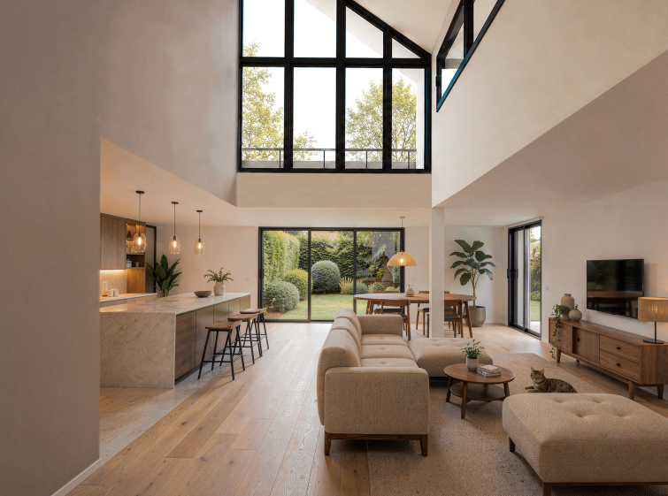 Salon en double hauteur, baigné de lumière. Le bois clair, les lignes sobres et les assises généreuses créent une ambiance calme et accueillante. Chaque élément est pensé pour prolonger la simplicité du volume et la douceur du lieu.