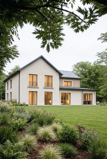 Une maison qui dialogue avec l'environnement rural qui l'entoure. Le mélange d’enduit à la chaux et de bois naturel ancre la maison dans le paysage. Les ouvertures sont rythmées, la lumière entre largement, et l’ensemble affirme une sobriété paisible, à l’abri des grands arbres.