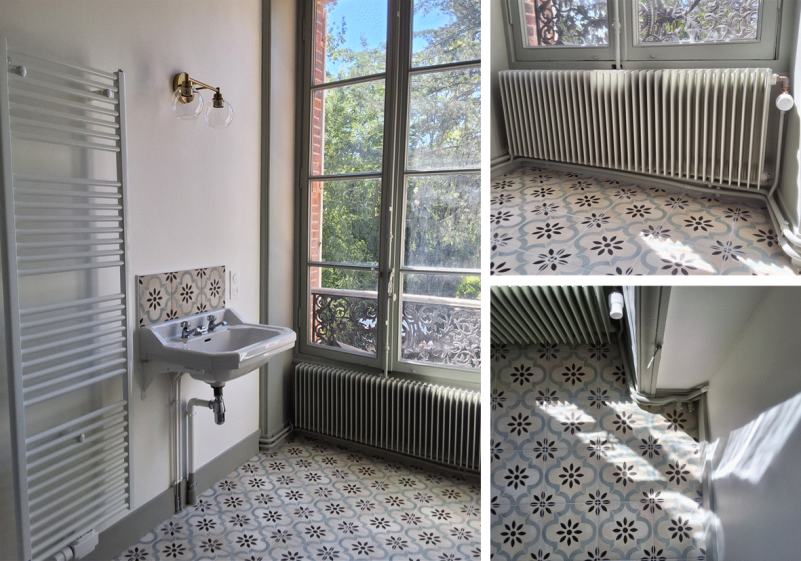 Le carrelage effet « carreaux de ciment » apporte une touche d’originalité dans la salle de bain des invités Le carrelage effet « carreaux de ciment » apporte une touche d’originalité dans la salle de bain des invités
