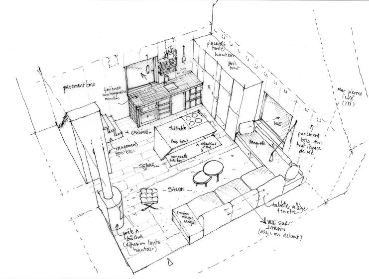 Croquis du salon et de la cuisine 
