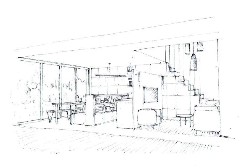 Croquis du séjour et de la cuisine 