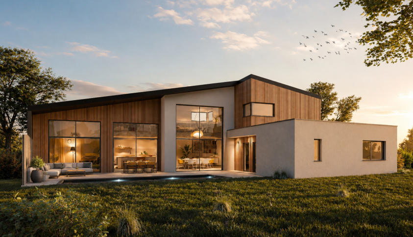 Maison contemporaine en ossature bois à Valmont en Moselle – visuel façade arrière Maison contemporaine en ossature bois à Valmont en Moselle – façade arrière