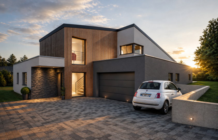 Maison contemporaine en ossature bois à Valmont en Moselle – visuel façade avant Maison contemporaine en ossature bois à Valmont en Moselle – façade avant