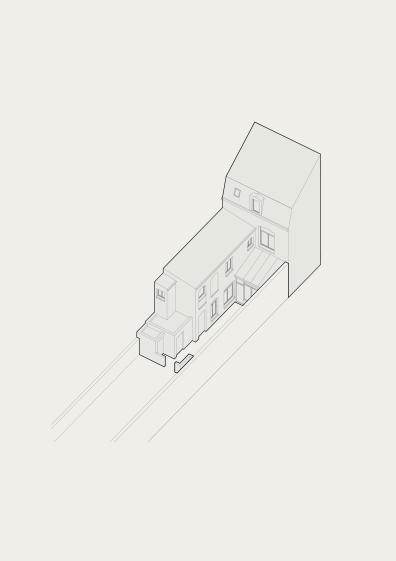 Axonométrie de l'existant Axonométrie au trait de l'état existant : maison de ville, toiture à deux pans avec lucarne, prolongée en coeur d'îlot par différents volumes dont une véranda.