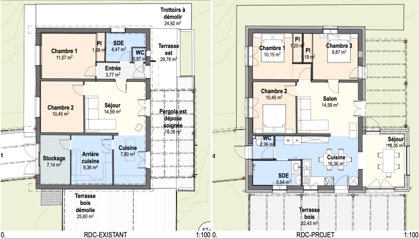 Plan EXISTANT / PROJET - pièces d'eau regroupées, création d'une chambre, extension ossature bois pour le séjour Plan EXISTANT / PROJET - pièces d'eau regroupées, création d'une chambre, extension ossature bois pour le séjour