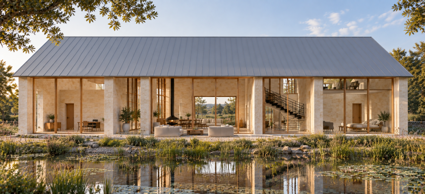 maison en pierre et grands vitrages