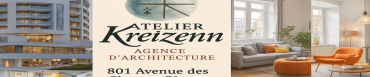 Bandeau de l'agence Atelier Kreizenn avec le logo, l'adresse et un montage de projets architecturaux.