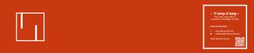L’image présente un fond rouge carmin avec, à gauche, l’icône de LAMP en blanc, composée de lignes verticales et orthogonales formant un monogramme abstrait. À droite, un cartouche blanc encadre les informations de l’agence ("Ti lamp ti lamp", contact et site internet).