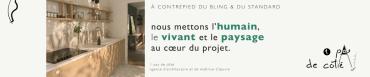 Bannière de 1 Pas de Côté Architecte mettant en avant une architecture sensible, ancrée dans le paysage, le vivant et la transformation de l’existant.