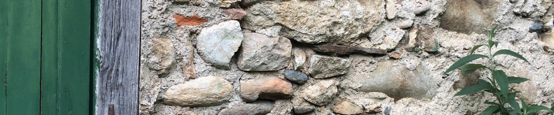 Photographie d'un mur ancien en galets de rivière avec porte en bois verte. L'image, assez frontale, rend compte d'un état existant, accentué par le massif d'orties en pied de mur. Un projet reste à venir ... 