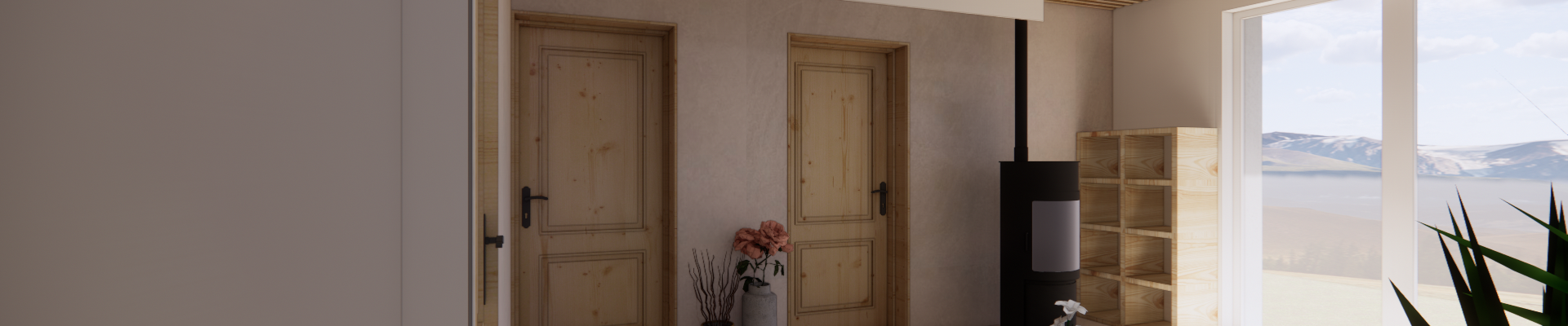 Salon avec enduits chaux aux murs, carrelage effet pierre, et plafond en lames de bois ajourées
