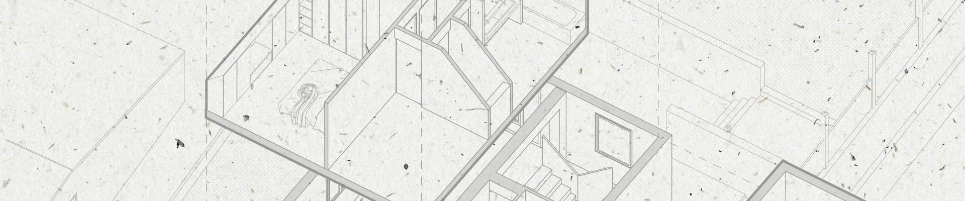 Éclaté axonométrique d'un projet de surélévation de maison individuelle à Rouen