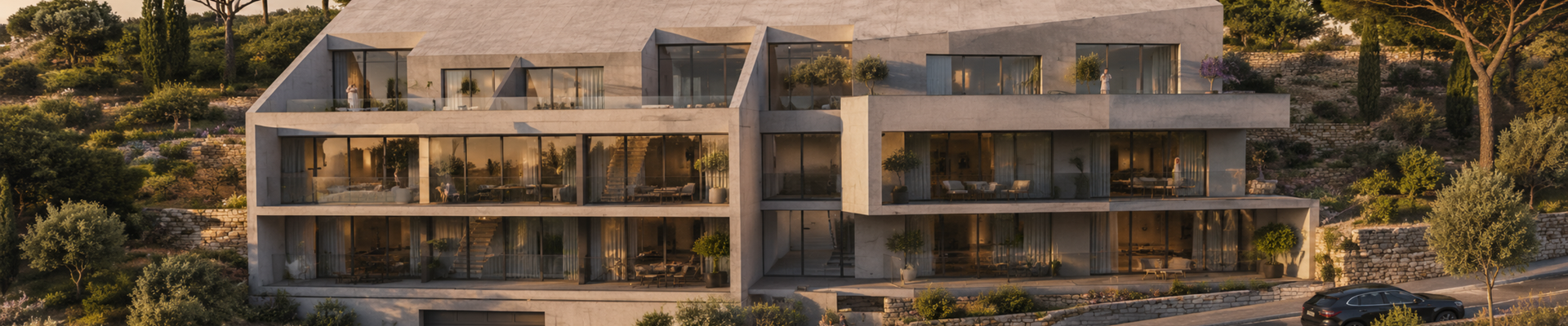 Architecture contemporaine en paysage méditerranéen — étude sur l’habitat, la pente et l’intégration paysagère.