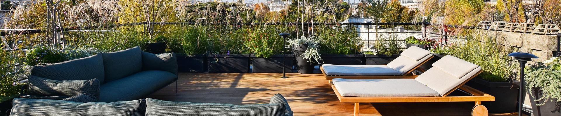 Rooftop paysager conçu par RM Architecte avec terrasse en bois et vue sur Paris