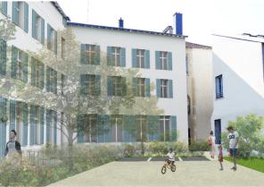 Bâtiment B, C et D depuis le parking en cœur d'îlot - état projeté