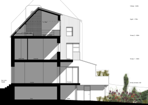 Coupe sur projet d'extension-surélévation d'une maison en bord de Loire. 