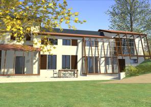 Extension  bois en haut à droite avec pergola reprenant le vocabulaire des serre