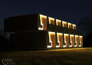 SnoozeBox - perspective sur la configuration "hôtel" vue de nuit