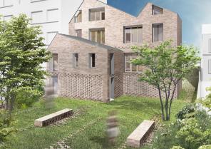 Vue sur les logements depuis le jardin.