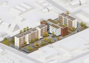 Axonométrie montrant l'insertion du projet dans la résidence existante