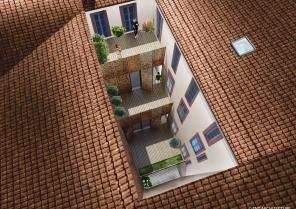 Restructuration de la cour où l'intervention contemporaine met en valeur et s'ha