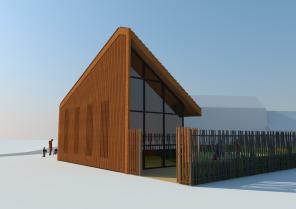 Mur pignon de la garderie désaxé vers la perspective d'entrée