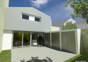 Vue d'insertion - Implantée en coeur d'ilot, la maison s'insere dans le tissus u