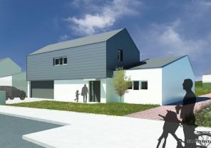 Vue d'insertion - Sur rue, la maison affirme une volumétrie orientée et une maté