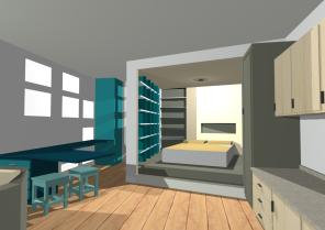 Version 1 - vue depuis la  cuisine vers  chambre et espace créatif