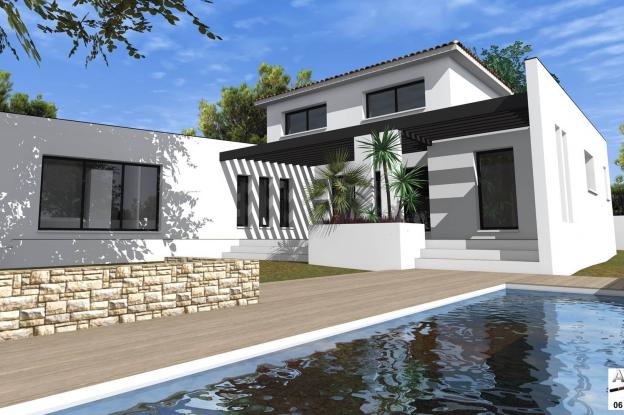 Simulation 3D_  2 chambres à l'étage, suite parentale au RdC, piscine