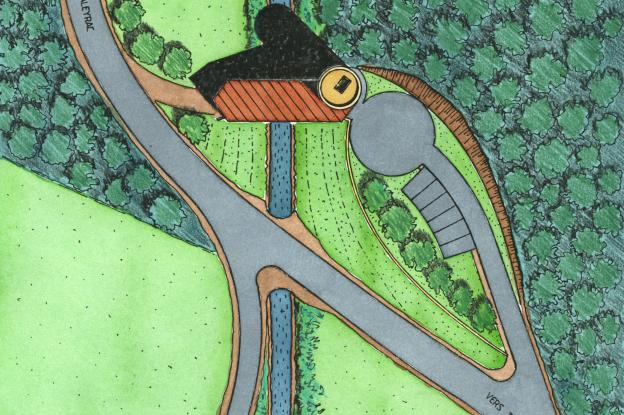 Ancien et nouveau tracé de la route sur le plan de masse.