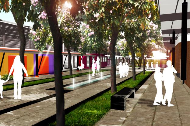 Vue de la rue centrale qui relie les écoles et espaces communs
