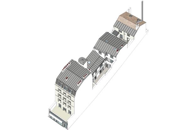 Ensemble faubourien de 4 bâtiments en moellons, pans de bois et plâtre.