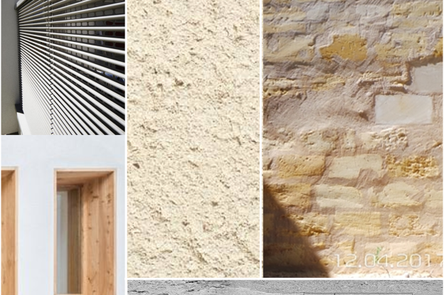 Planche matériaux/ pierre, béton, aluminium laqué,bois. 