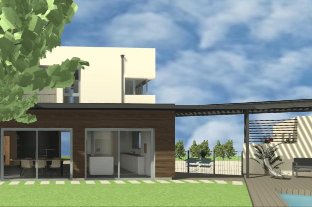 Une pergola bioclimatique dans le prolongement de l'extension bois, la piscine d